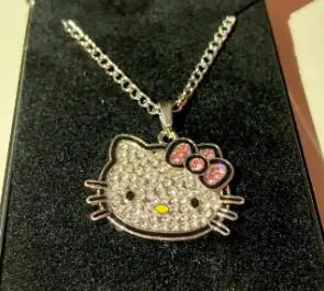 Kawaii Y2K Pink Bow Diamanté Kitty Pendant Necklace