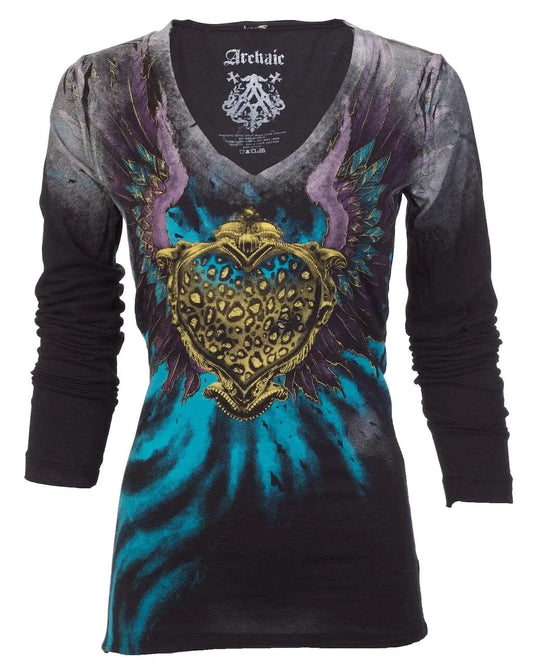 Archaic by Affliction Womens Long Sleeve V-Neck T-Shirt ON My Way L Black