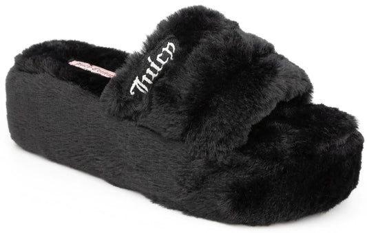 Juicy Couture Womens Slide Sandals With Faux Fur Slipper Sandals Furry Slides Womens Slip On Slippers-World-Black-Size 10